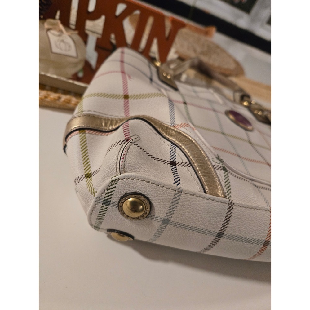 VTG‎ Y2K Coach Tartan Plaid Tote Bag White Gold Leather Trim Multi Color - Picture 3 of 13